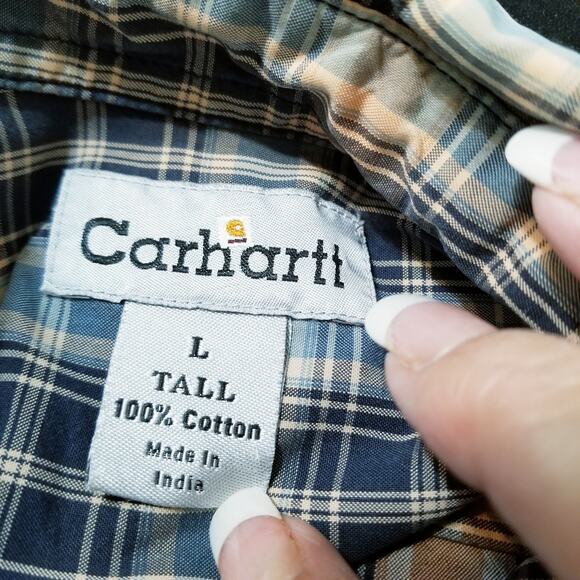 Carhartt Men's Blue Orange Plaid Long Sleeve Button Up Button Down Collar SZ LT - Picture 5 of 7